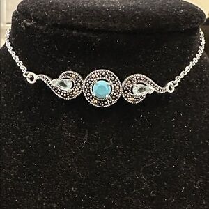 Blue Stone/Crystal Art Deco Wrist/Ankle Bracelet w/Adj Chain on Round Slider NEW